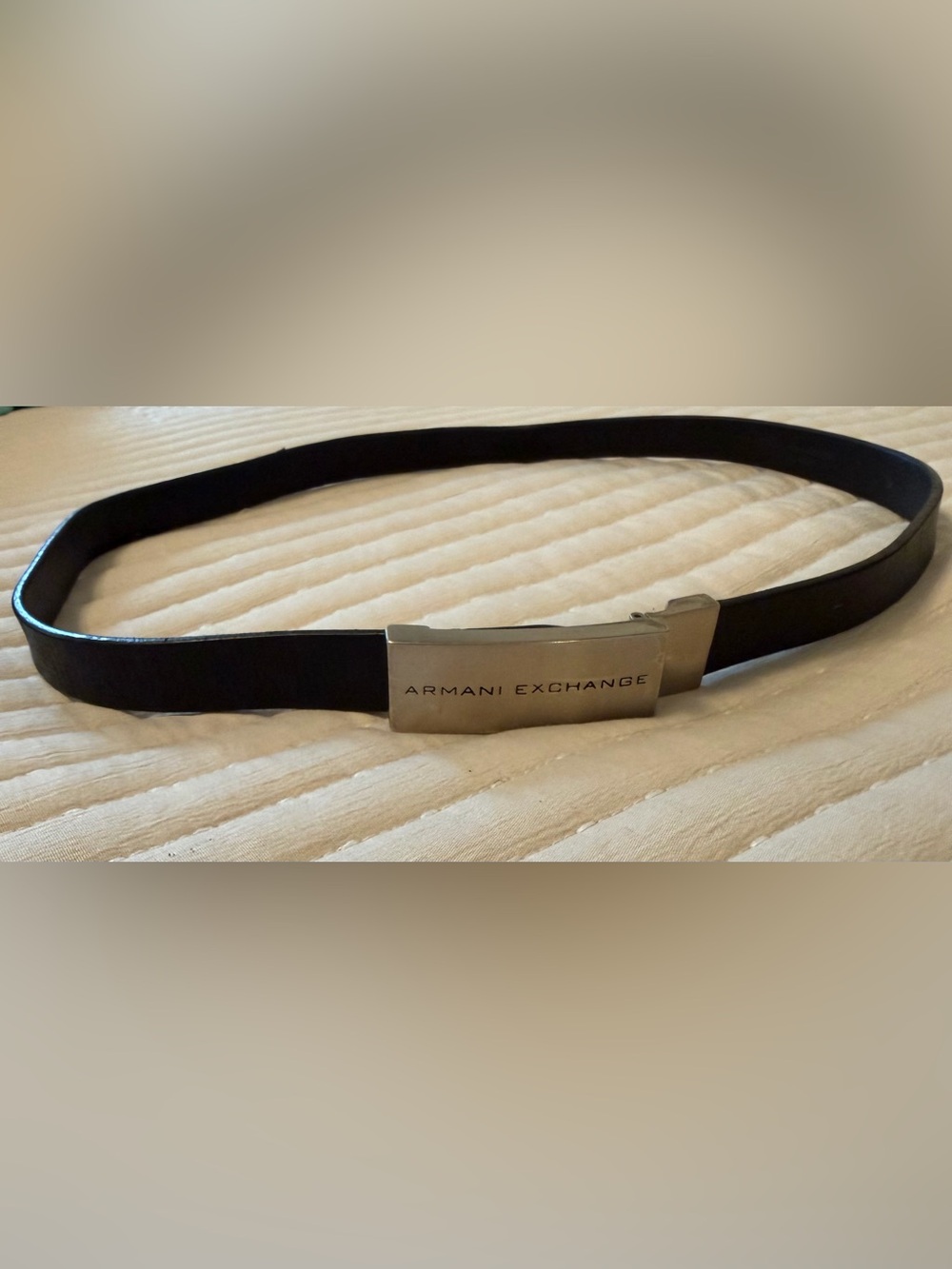 Armani Exchange Black Leather Belt with Brushed Silver Logo Plate